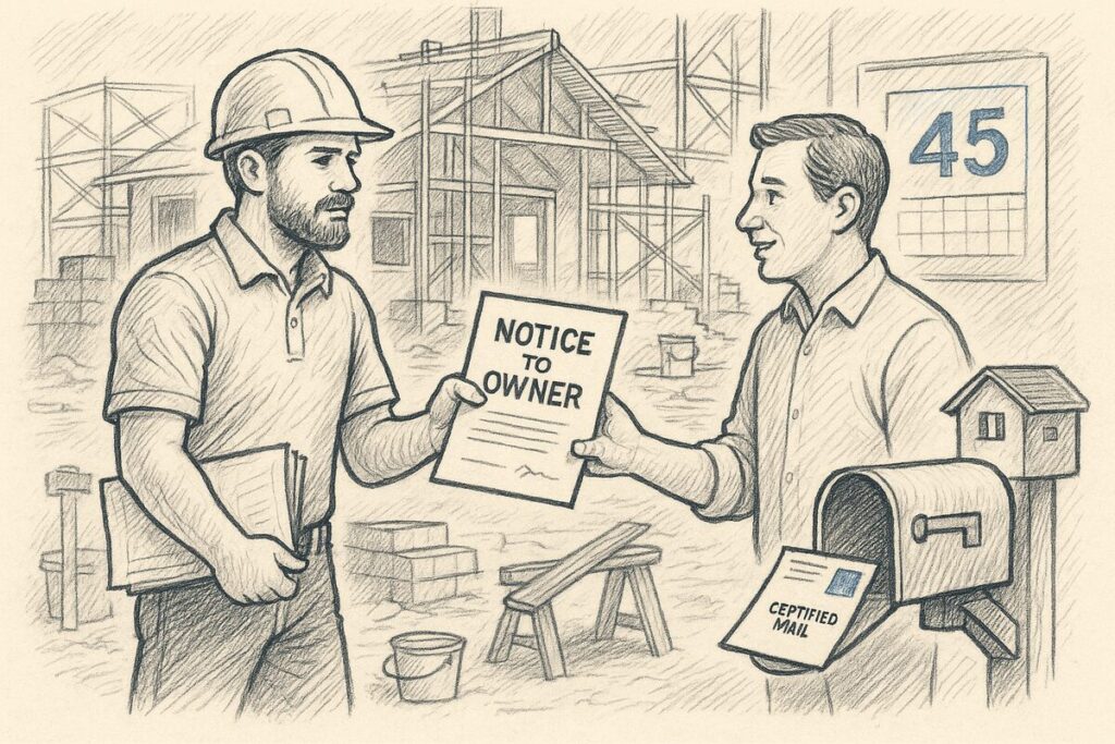 Notice to Owner in Florida: When and How to Serve It Florida subcontractor handing a Notice to Owner to a property owner with a calendar showing 45 days and a certified mail envelope