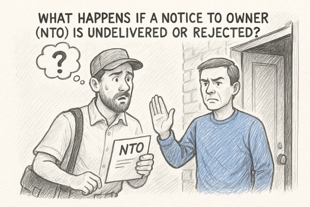 What Happens If a Notice to Owner (NTO) Is Undelivered or Rejected? Construction worker attempting to deliver a Notice to Owner being rejected at the door by a property owner in Florida