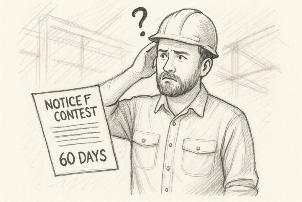 What to Do If You Receive a Notice of Contest in Florida Confused construction worker holding a Notice of Contest of Lien with a 60-day deadline on a construction site