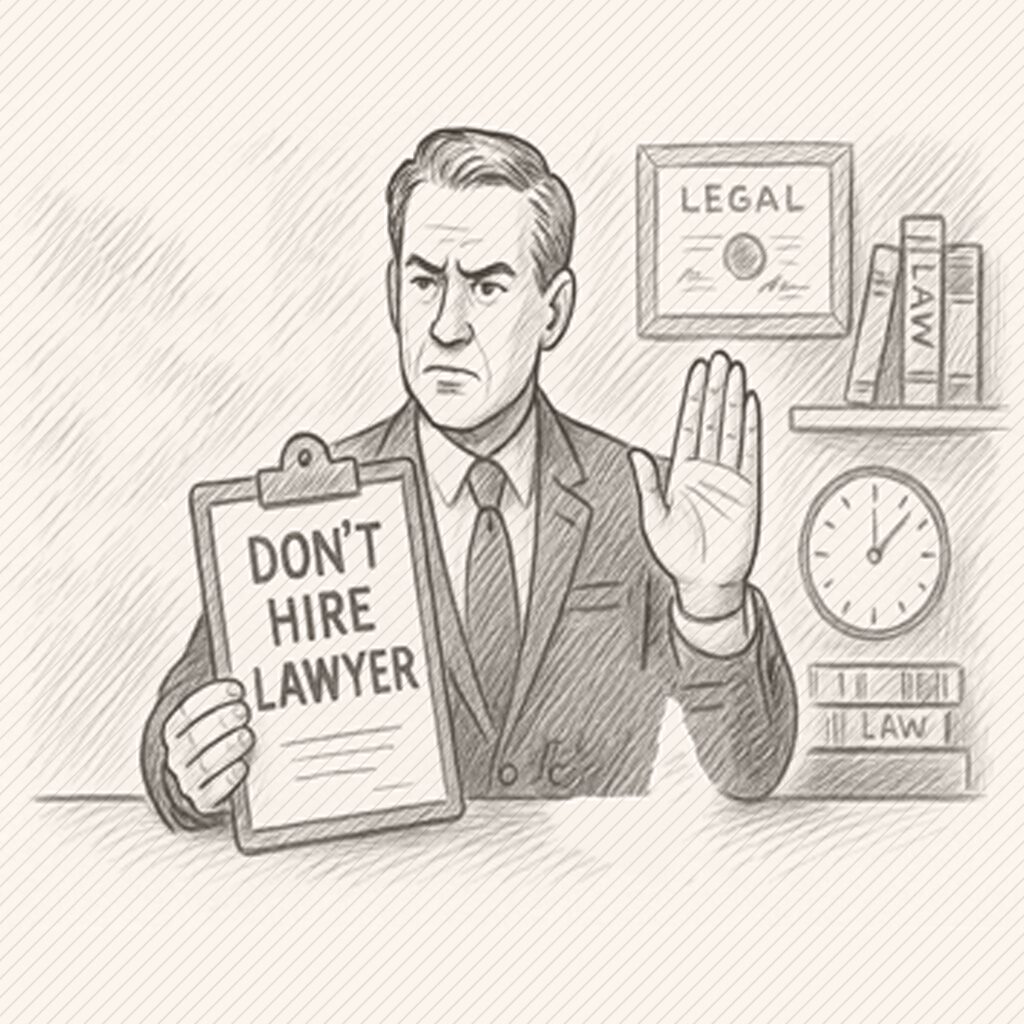 The Surprising Truth About When You Shouldn’t Hire a Lawyer Illustration of a lawyer holding a sign that reads “Don’t Always Hire a Lawyer,” representing situations where legal self-help may be better than hiring an attorney. When not to hire a lawyer