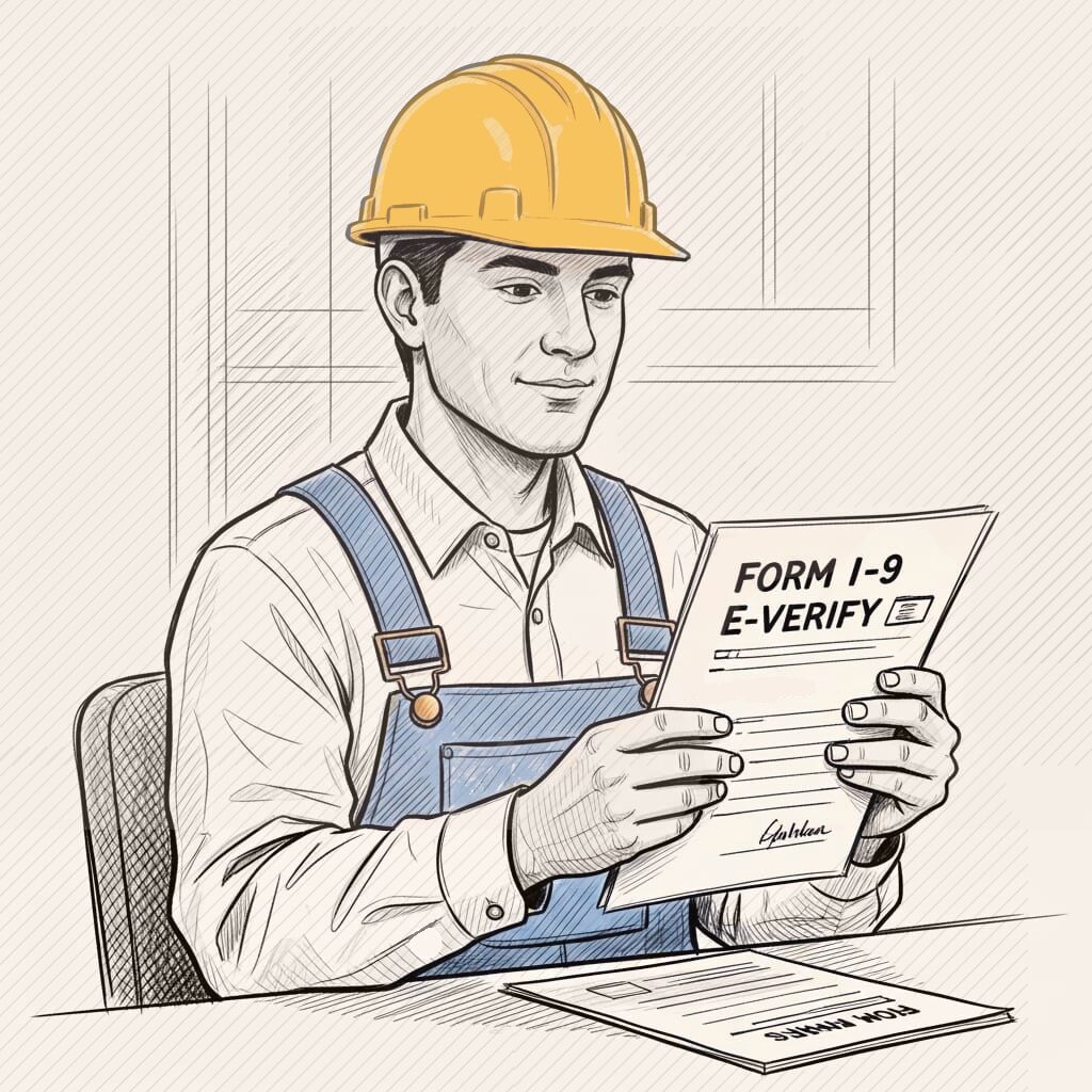 Florida contractor completing I-9 form for E-Verify compliance with construction site blueprint background