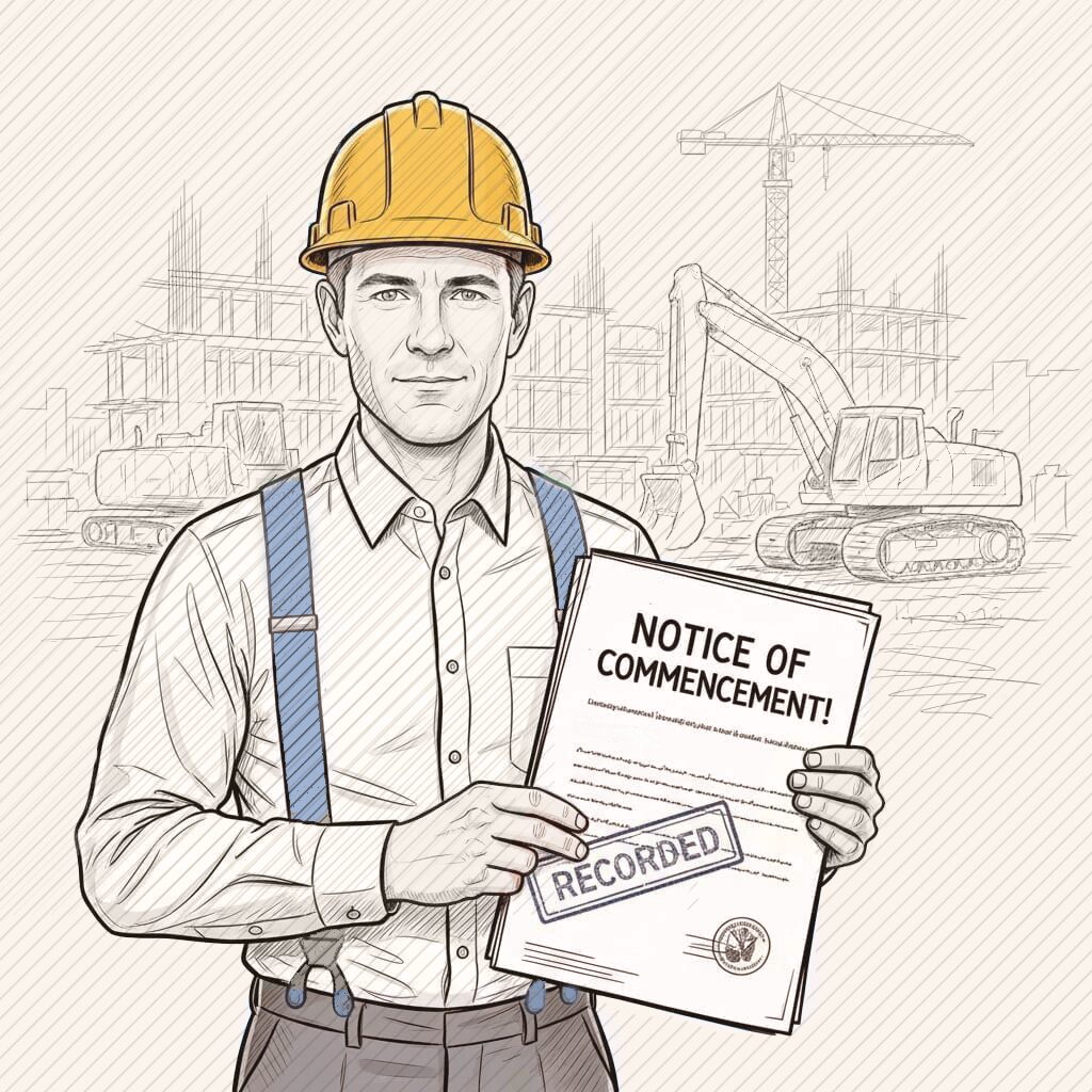 Florida contractor holding Notice of Commencement document with construction site blueprint background