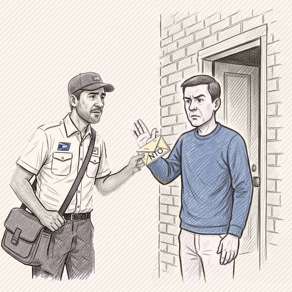 Postal carrier handing Notice to Owner (NTO) that is refused at the door by Owner