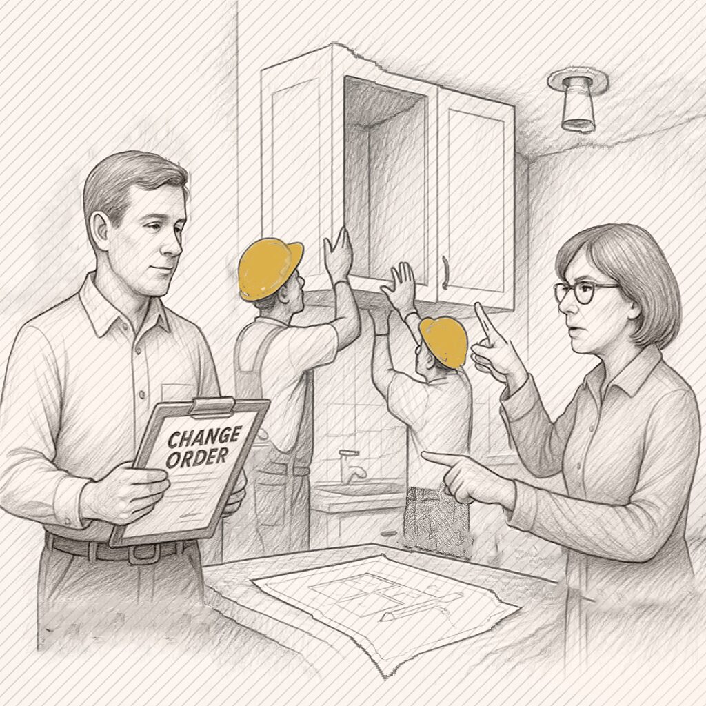 Florida contractor holding a change order document while homeowner points to kitchen remodel work being done by subcontractors, illustrating disputes over unsigned change orders.