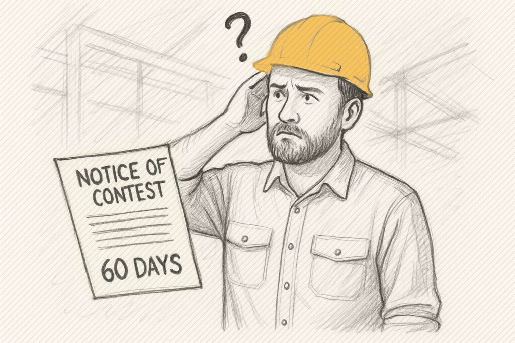 What to Do If You Receive a Notice of Contest in Florida Confused Florida construction worker holding a Notice of Contest of Lien with a 60-day deadline.