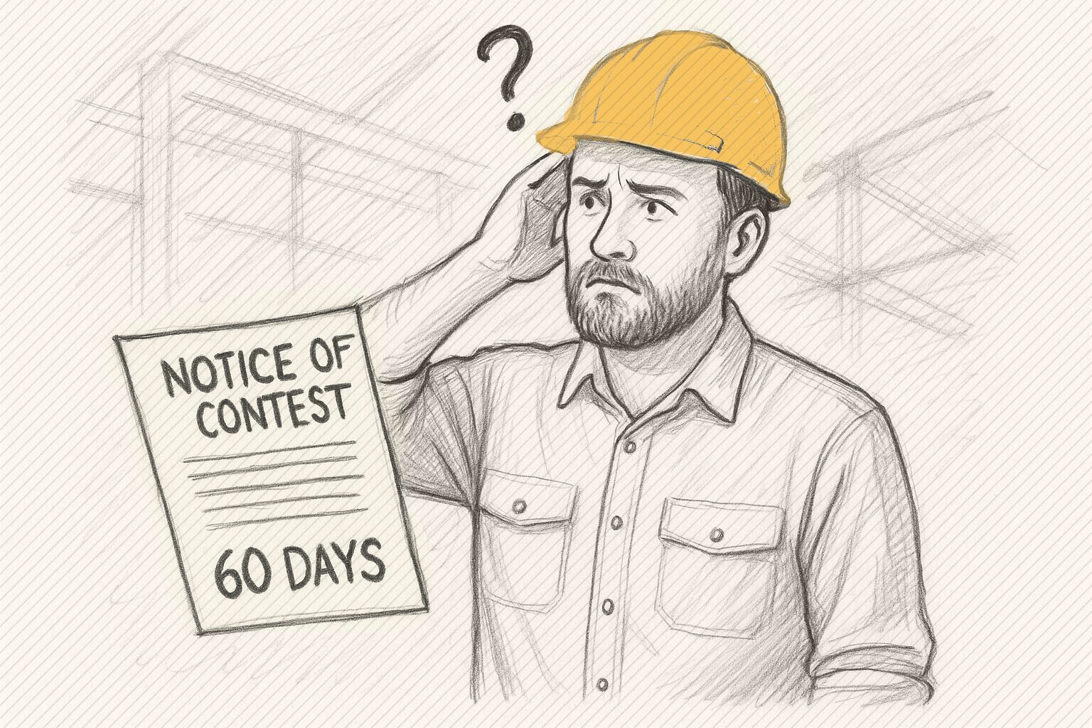 Confused Florida construction worker holding a Notice of Contest of Lien with a 60-day deadline