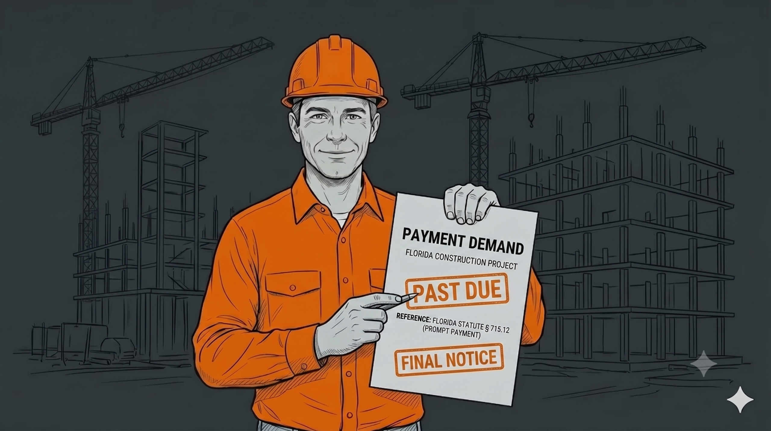 Illustration of a Florida contractor in an orange hard hat holding a past due payment demand and final notice referencing Florida Statute 715.12, with a construction site in the background.