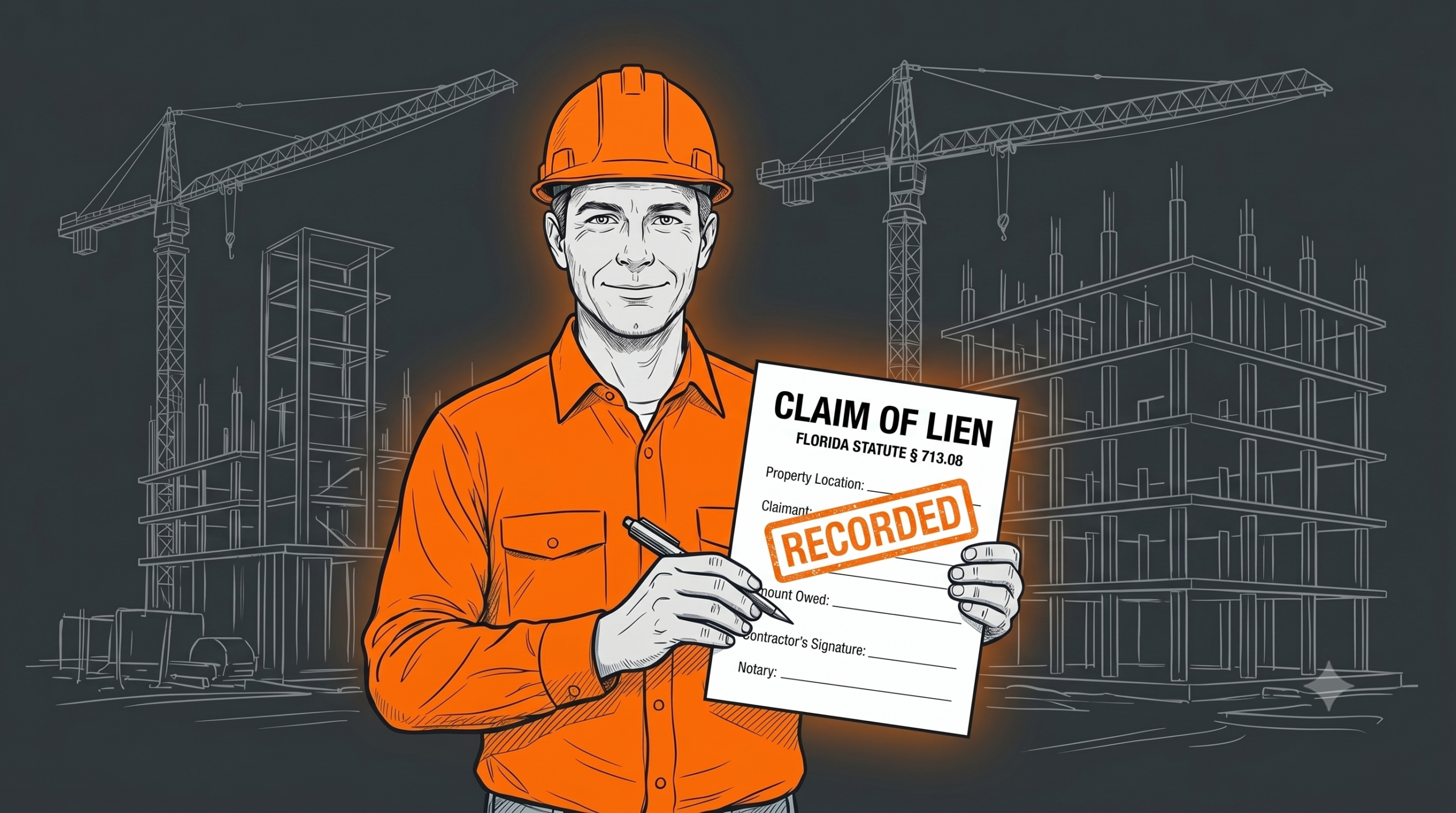 Illustration of a Florida contractor in an orange hard hat holding a signed and recorded Claim of Lien document referencing Florida Statute 713.08, with a construction site in the background.