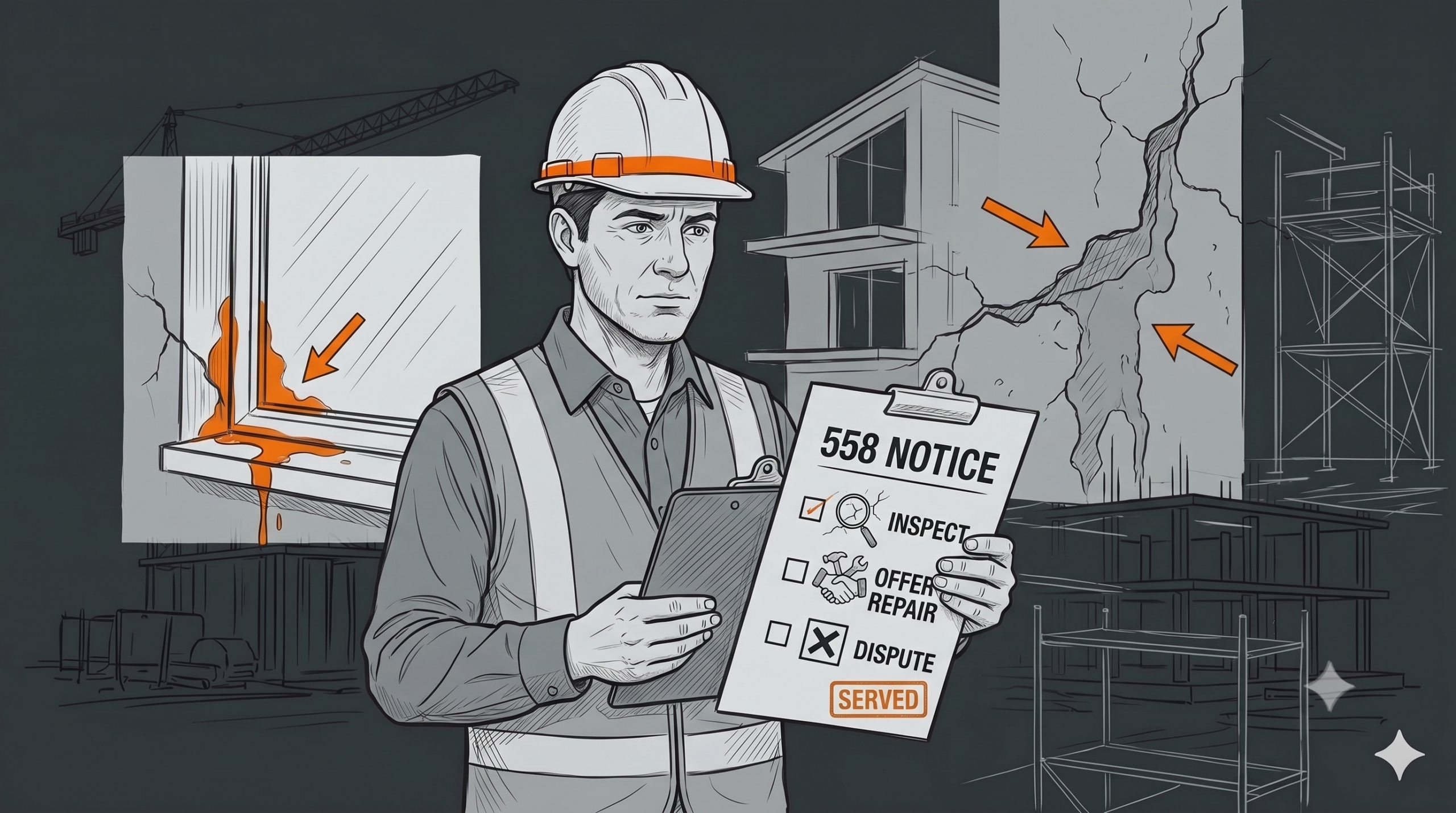 An illustration of a Florida contractor holding a Chapter 558 Notice clipboard with options to inspect, offer repair, or dispute, alongside examples of construction defects like a leaking roof and cracked stucco.