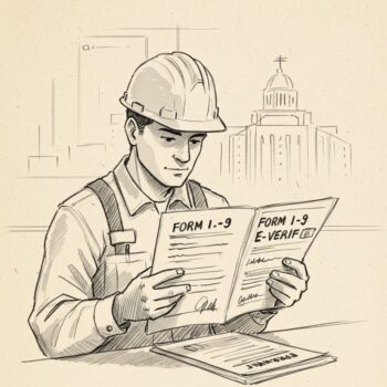 The New ICE Age: What Florida Contractors Florida construction worker in hard hat reading Form I‑9 and E‑Verify compliance documents, illustrating mandatory hiring practices for contractors under Florida law in 2025.