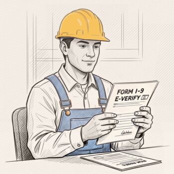 Florida contractor completing I-9 form for E-Verify compliance with construction site blueprint background