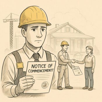 Contractor holding a Florida Notice of Commencement document in front of a residential jobsite, with handshake and lien waiver exchange in background.