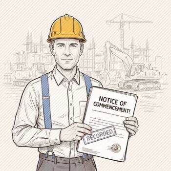 Florida contractor holding Notice of Commencement document with construction site blueprint background, Florida Notice of Commencement