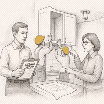Florida contractor holding a change order document while homeowner points to kitchen remodel work being done by subcontractors, illustrating disputes over unsigned change orders.
